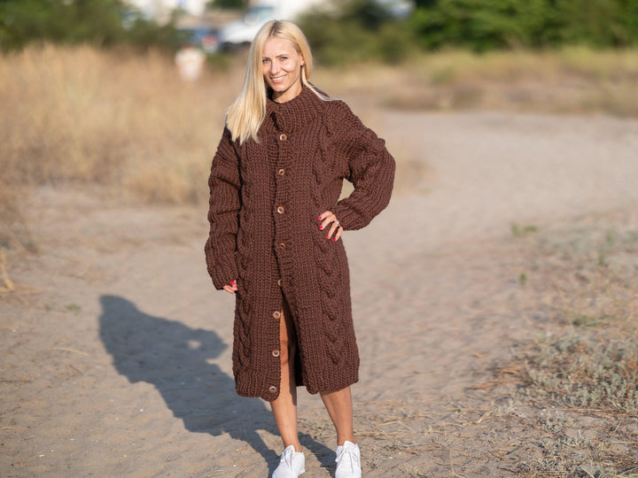 Brown Wool Cardigan – Hand Knitted Cable Knit Sweater T1239