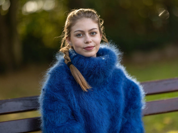 Hand-Knitted Blue Mohair Sweater – Soft Fluffy Warm Jumper T1271