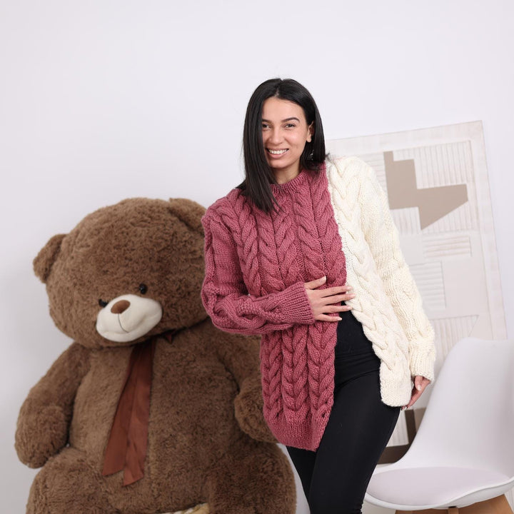 One available in size M, Asymmetrical Wool Sweater- Two-Tone Cozy Pullover  T1838