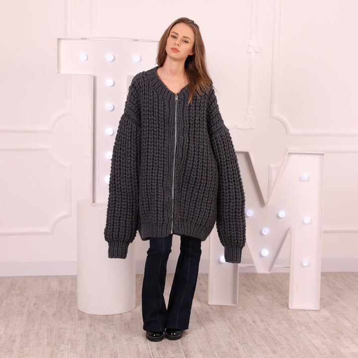 One available in size 9XL, Chunky Wool Cardigan with Zipper, Hand Knitted Jacket T2031