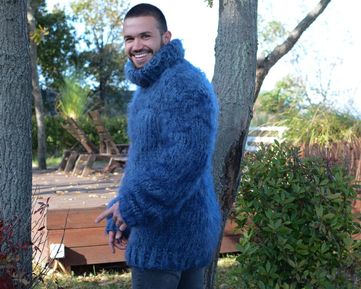 Blue Hand-Knitted Mohair and Wool Sweater – Thick Knit Turtleneck Jumper T673M