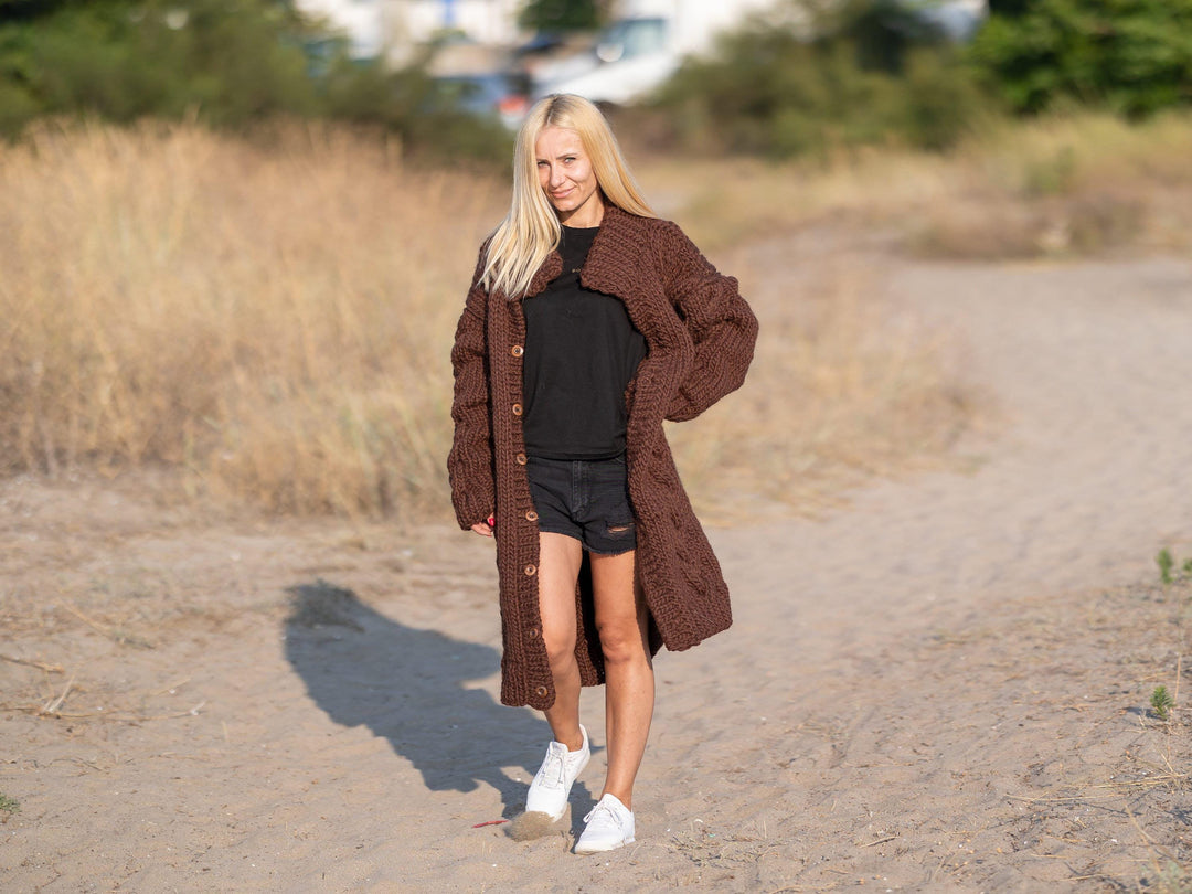 Brown Wool Cardigan – Hand Knitted Cable Knit Sweater T1239