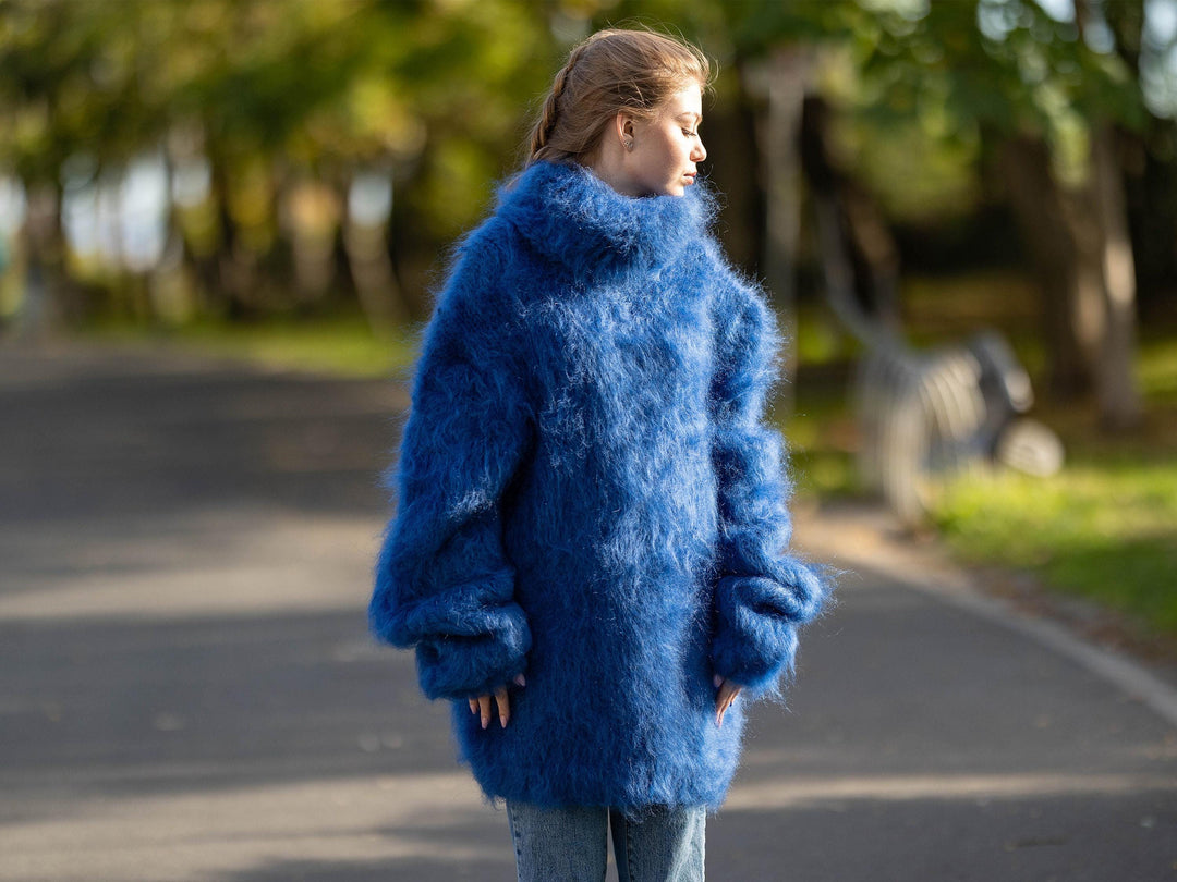 Hand-Knitted Blue Mohair Sweater – Soft Fluffy Warm Jumper T1271
