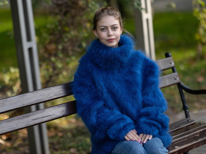 Hand-Knitted Blue Mohair Sweater – Soft Fluffy Warm Jumper T1271
