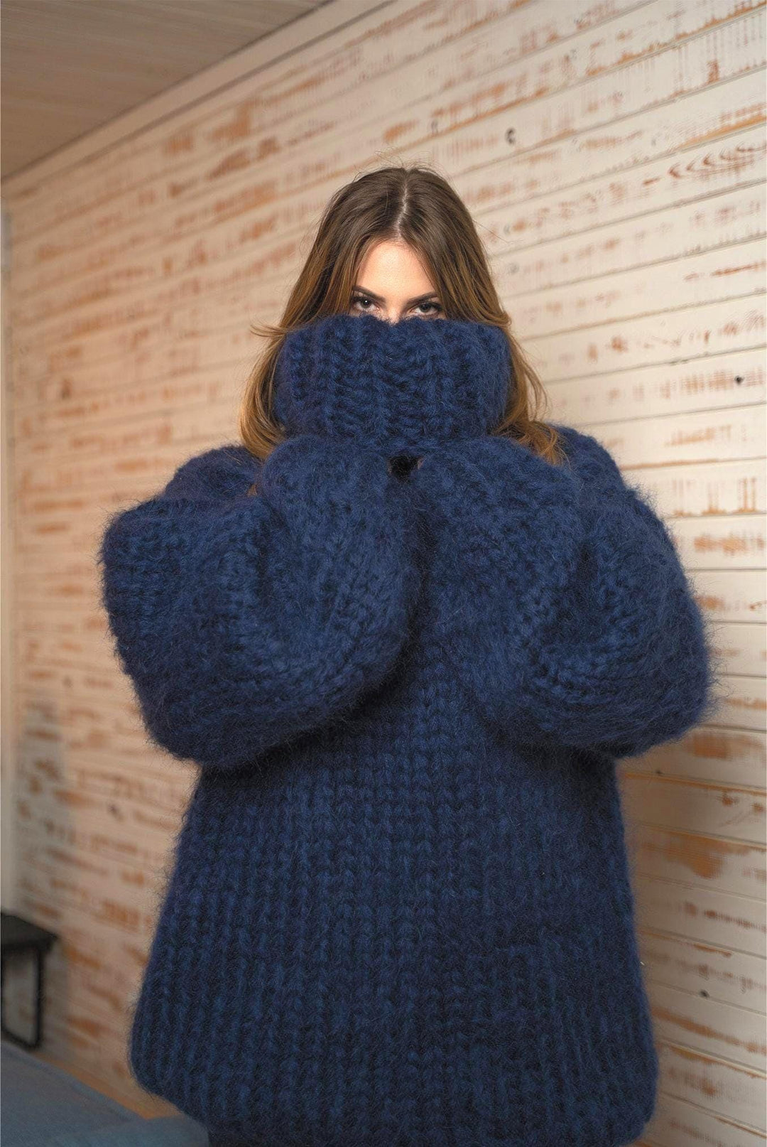 12-Strand Turtleneck Mohair Sweater – Hand-Knitted Chunky Unisex Pullover T1111