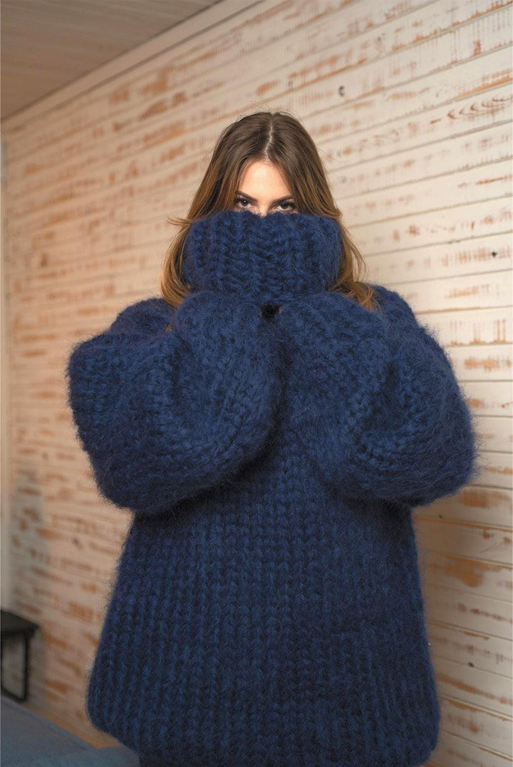 12-Strand Turtleneck Mohair Sweater – Hand-Knitted Chunky Unisex Pullover T1111