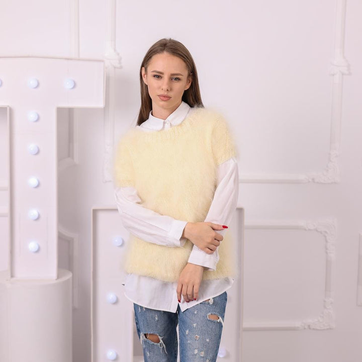 Fluffy Mohair Sweater, Hand Knitted Short Sleeve Jumper in Soft Cream T2042