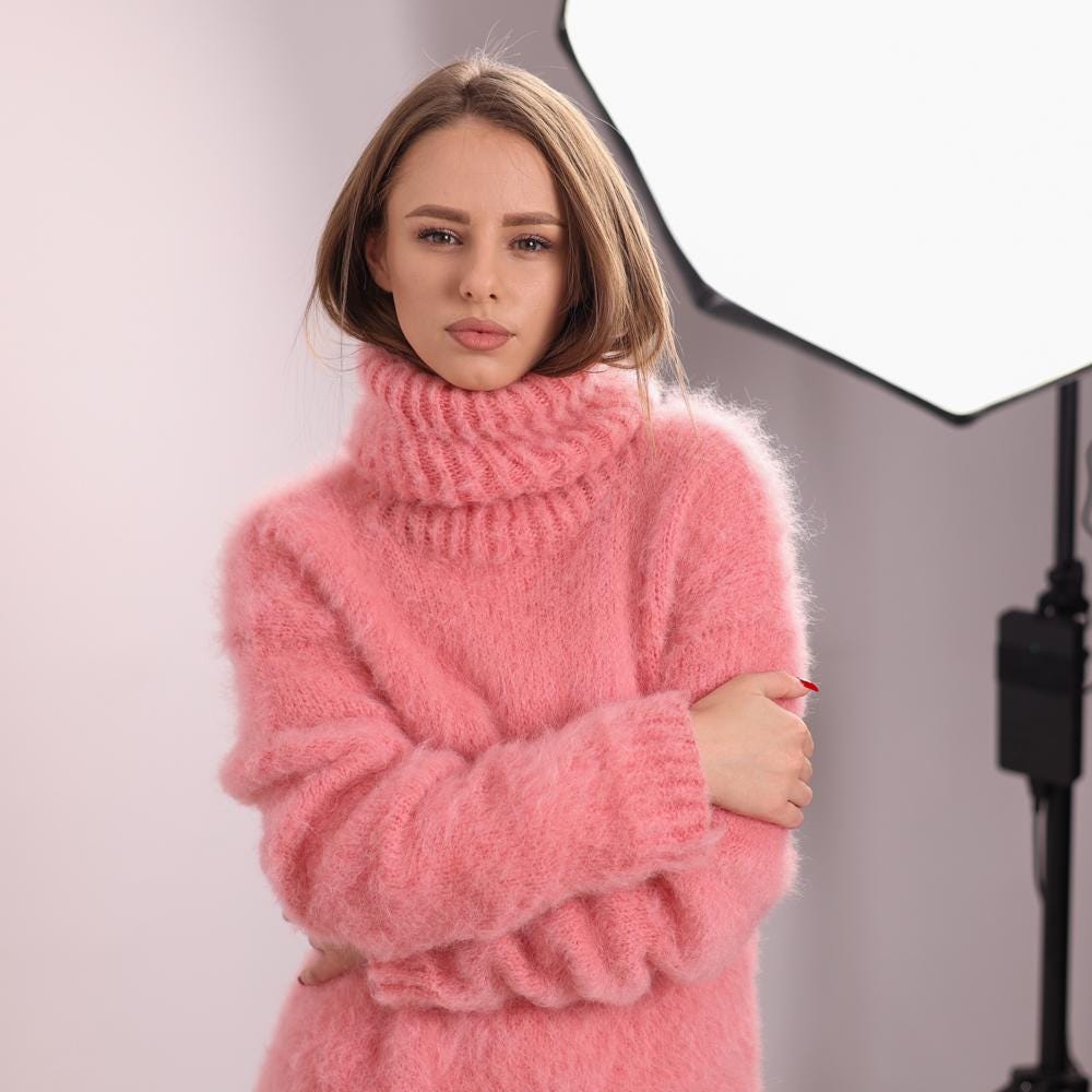 One available in size XL, Pink Fluffy  Baby Suri Alpaca Sweater T2044