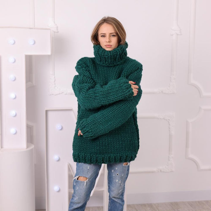 Chunky Green Wool Sweater, Hand Knitted 5 Strand 100 Percent Wool Turtleneck Jumper T2046