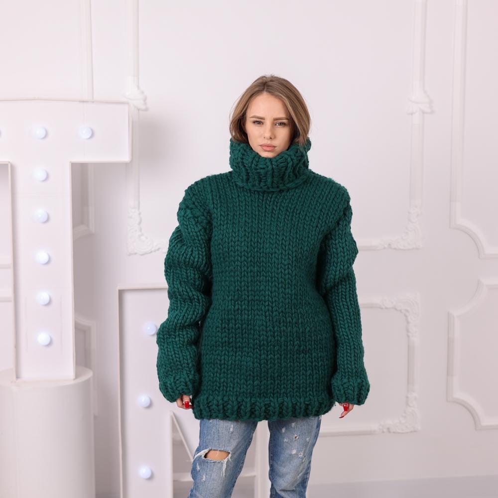 Chunky Green Wool Sweater, Hand Knitted 5 Strand 100 Percent Wool Turtleneck Jumper T2046