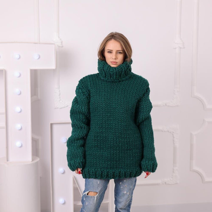 Chunky Green Wool Sweater, Hand Knitted 5 Strand 100 Percent Wool Turtleneck Jumper T2046