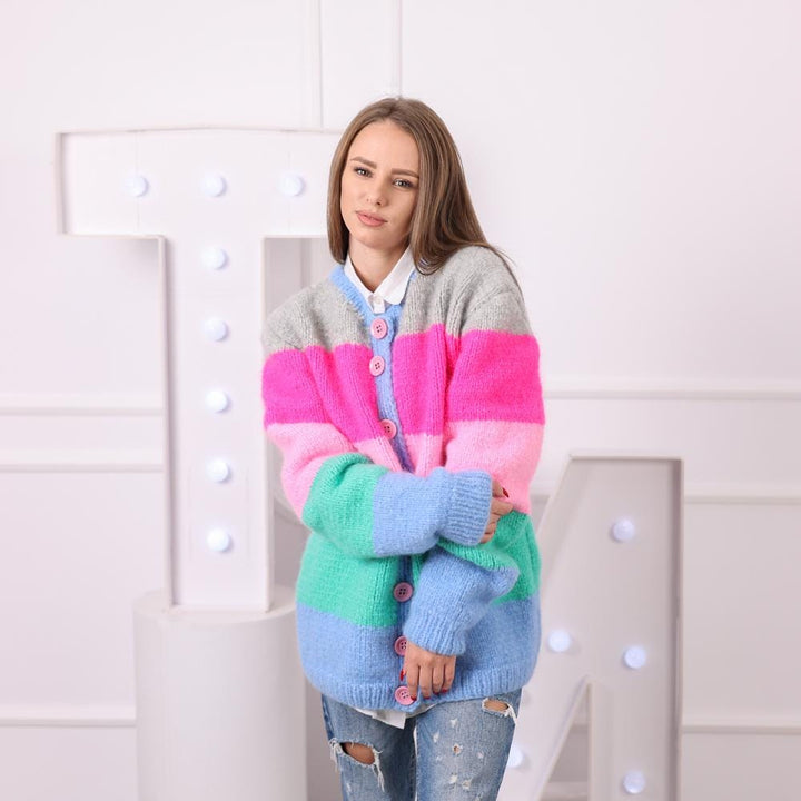 One available in size 4XL,  Striped Alpaca Cardigan, Hand Knitted 10 Strand Jacket T2037