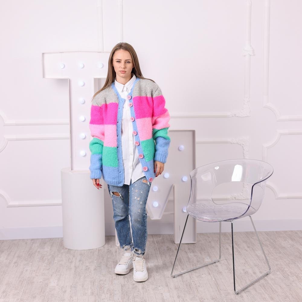 One available in size 4XL,  Striped Alpaca Cardigan, Hand Knitted 10 Strand Jacket T2037