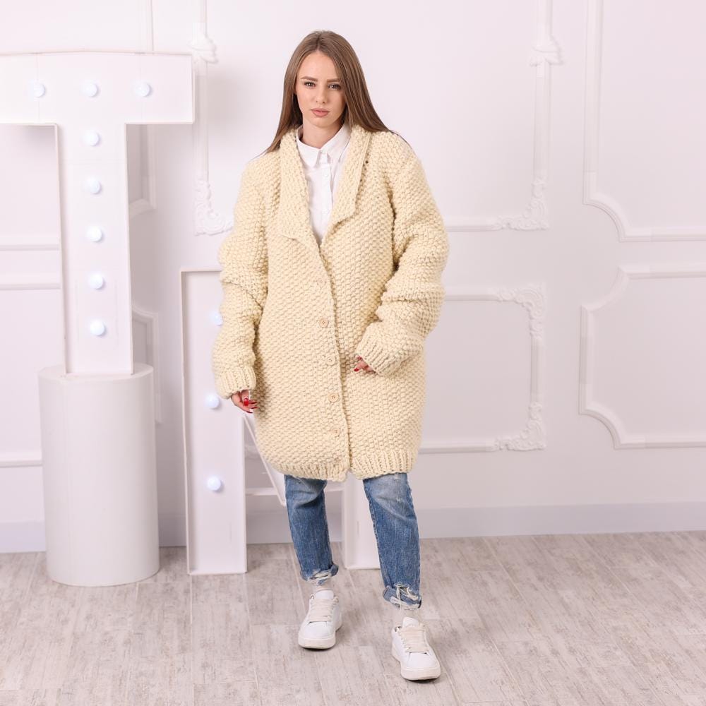 One available in size 6XL, Cream Wool Cardigan, Hand Knitted Seed Stitch Sweater T2039