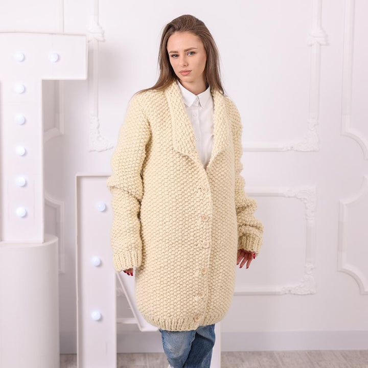 One available in size 6XL, Cream Wool Cardigan, Hand Knitted Seed Stitch Sweater T2039