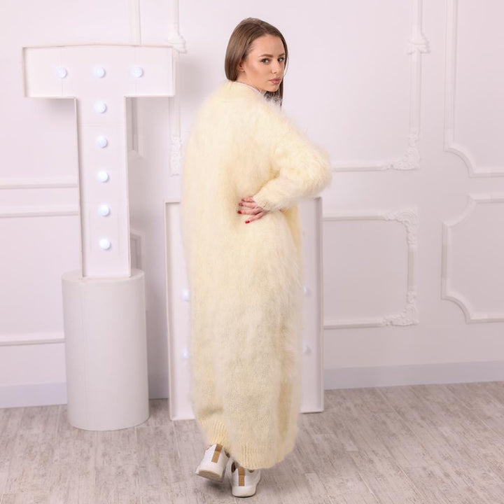 Long Cream Mohair Cardigan – Hand Knitted Fluffy Maxi Coat T2041