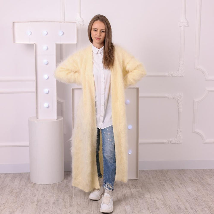 Long Cream Mohair Cardigan – Hand Knitted Fluffy Maxi Coat T2041