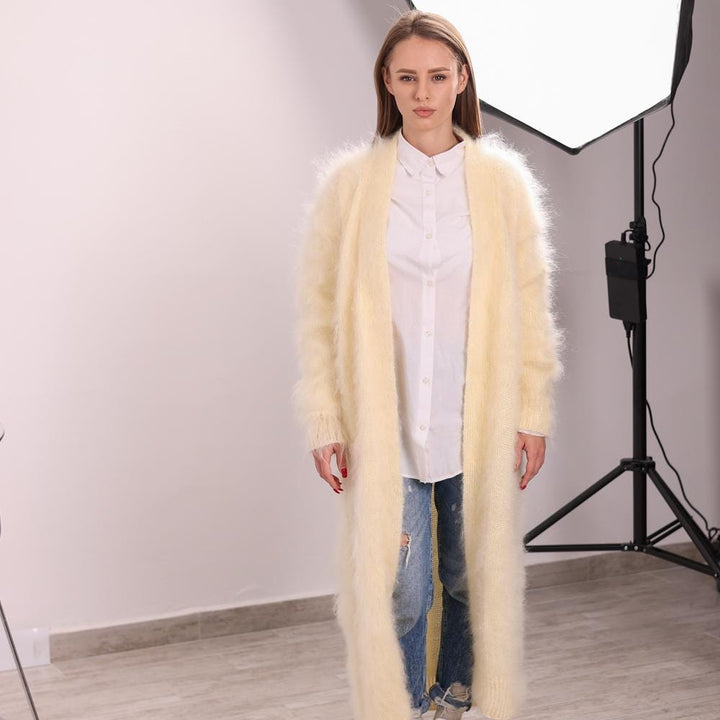 Long Cream Mohair Cardigan – Hand Knitted Fluffy Maxi Coat T2041