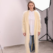 Lange cremefarbene Mohair-Strickjacke – Handgestrickter flauschiger Maxi-Mantel T2041