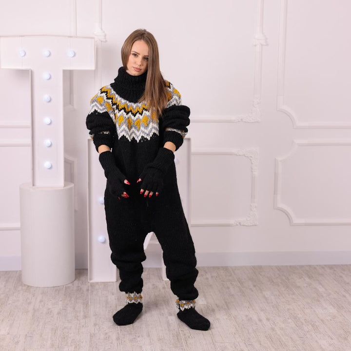 Icelandic Wool Catsuit, Hand Knitted 2 Strand Itchy Wool Jumpsuit with Feet T2049