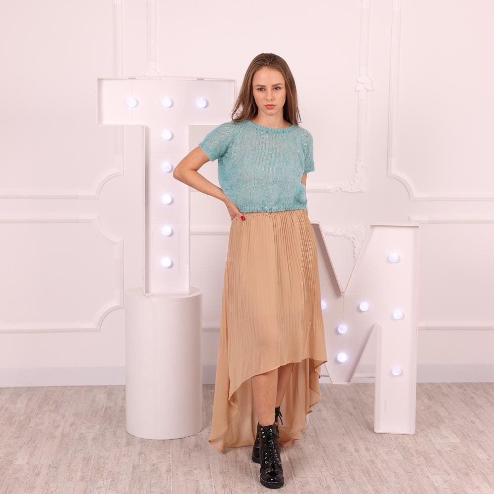Light Blue Alpaca Merino Cropped Sweater, Hand-Knitted Short Sleeve Sheer Soft Pullover T2014