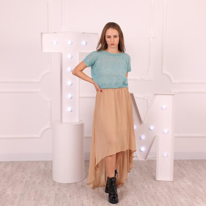 Light Blue Alpaca Merino Cropped Sweater, Hand-Knitted Short Sleeve Sheer Soft Pullover T2014