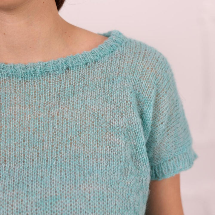 Light Blue Alpaca Merino Cropped Sweater, Hand-Knitted Short Sleeve Sheer Soft Pullover T2014