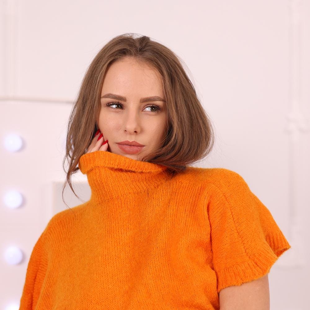 Orange Alpaca Turtleneck Sweater, Hand-Knitted Short Sleeve Lightweight Pullover T2015