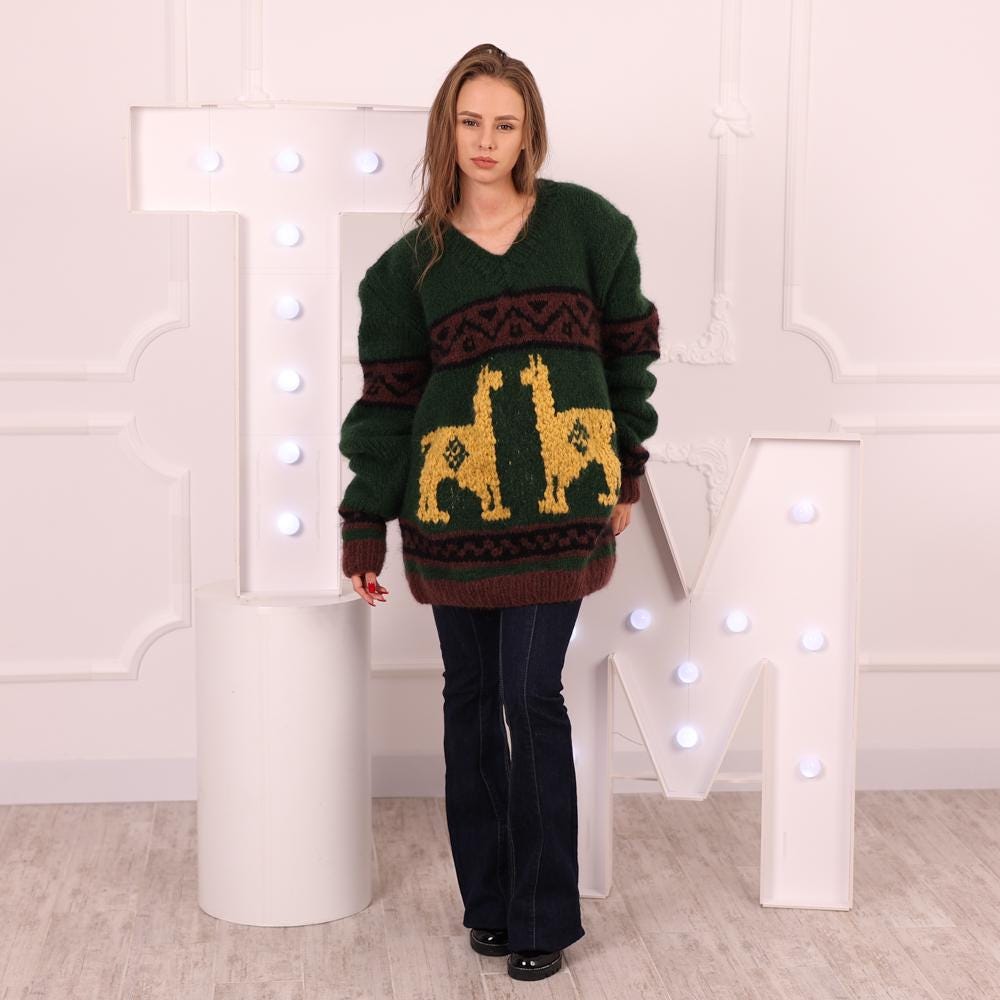 Alpaca Wool Sweater with Alpaca Motif, Hand Knitted Green Peruvian Style Pullover T2022