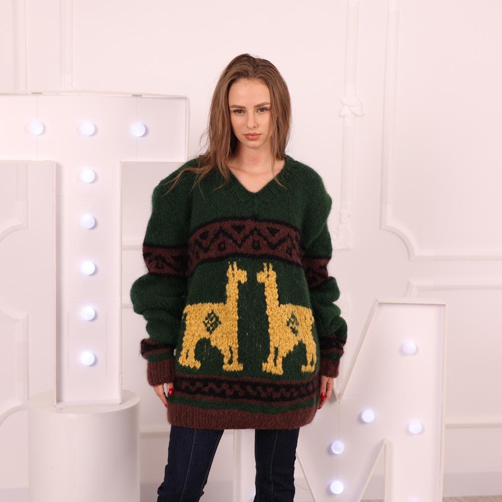 One available in size 7XL , Alpaca Wool Sweater with Alpaca Motif, Vintage Jumper T2022
