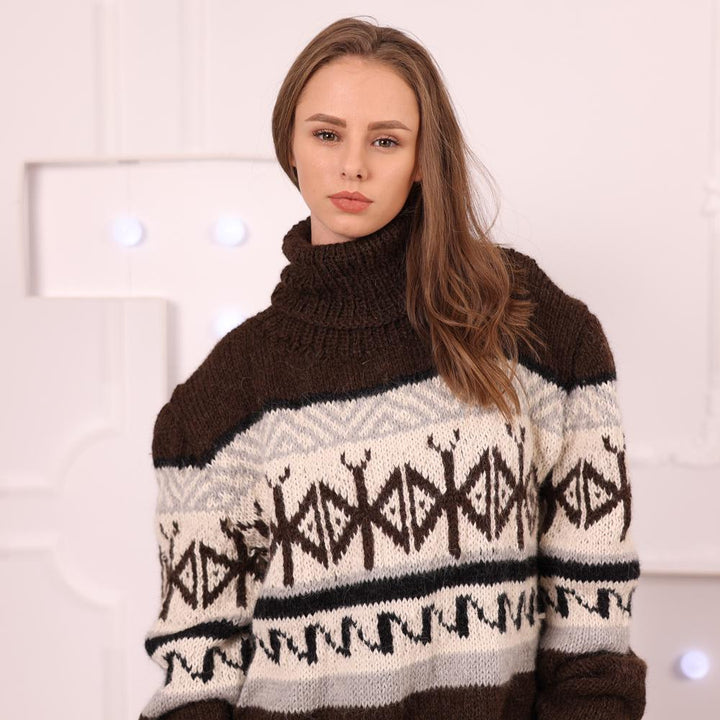 Brown Alpaca Wool Sweater, Hand Knitted Peruvian Style Turtleneck, Vintage Alpaca Motif Pullover T2023