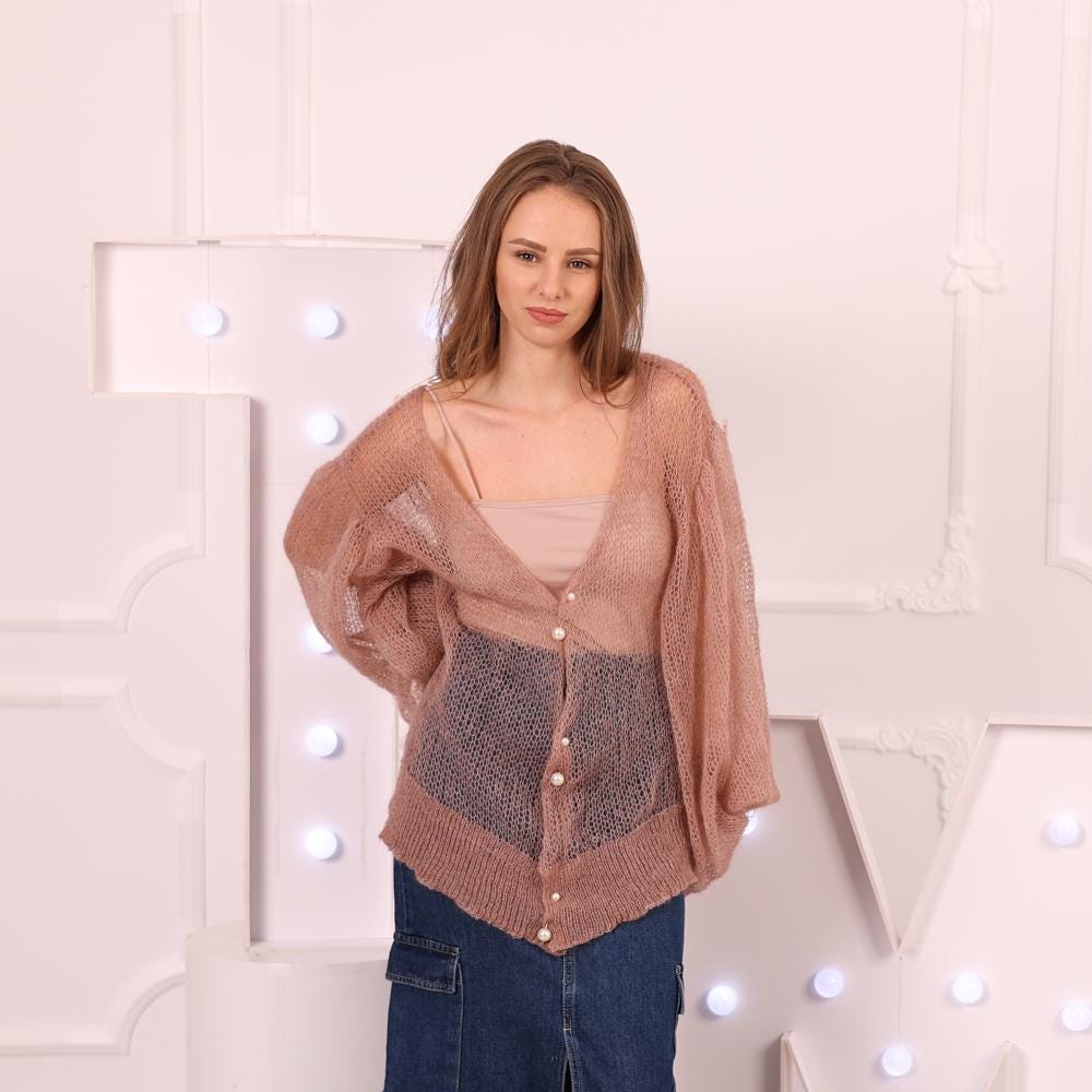 One available in size 4XL, Lightweight Alpaca Cardigan, Transparent Knit Top  T2030