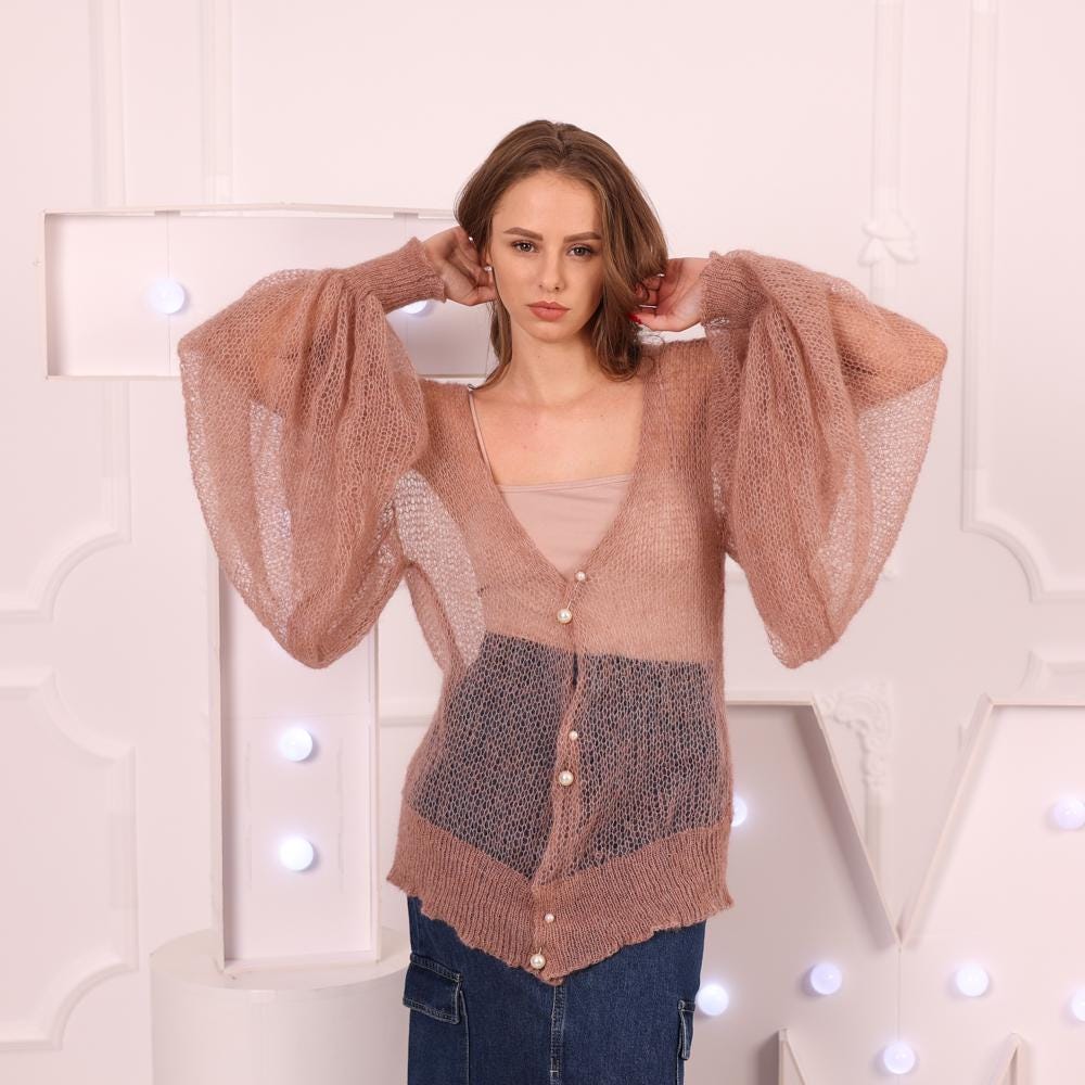 One available in size 4XL, Lightweight Alpaca Cardigan, Transparent Knit Top  T2030
