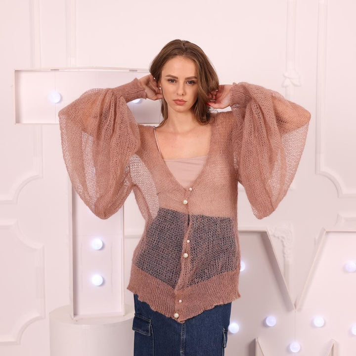 One available in size 4XL, Lightweight Alpaca Cardigan, Transparent Knit Top  T2030