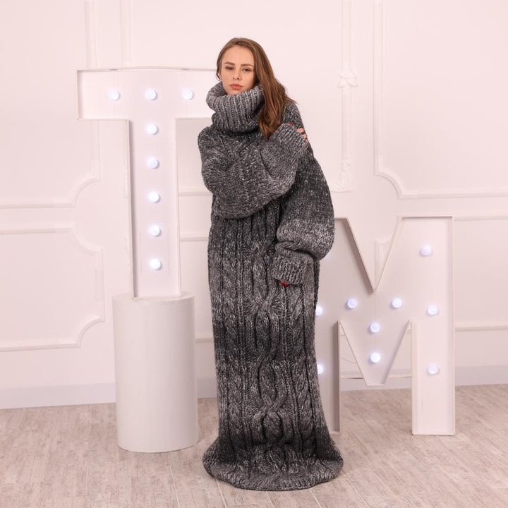 Gray Melange Alpaca Dress, Hand Knitted 7 Strand Dress with 50 cm Turtleneck T2033