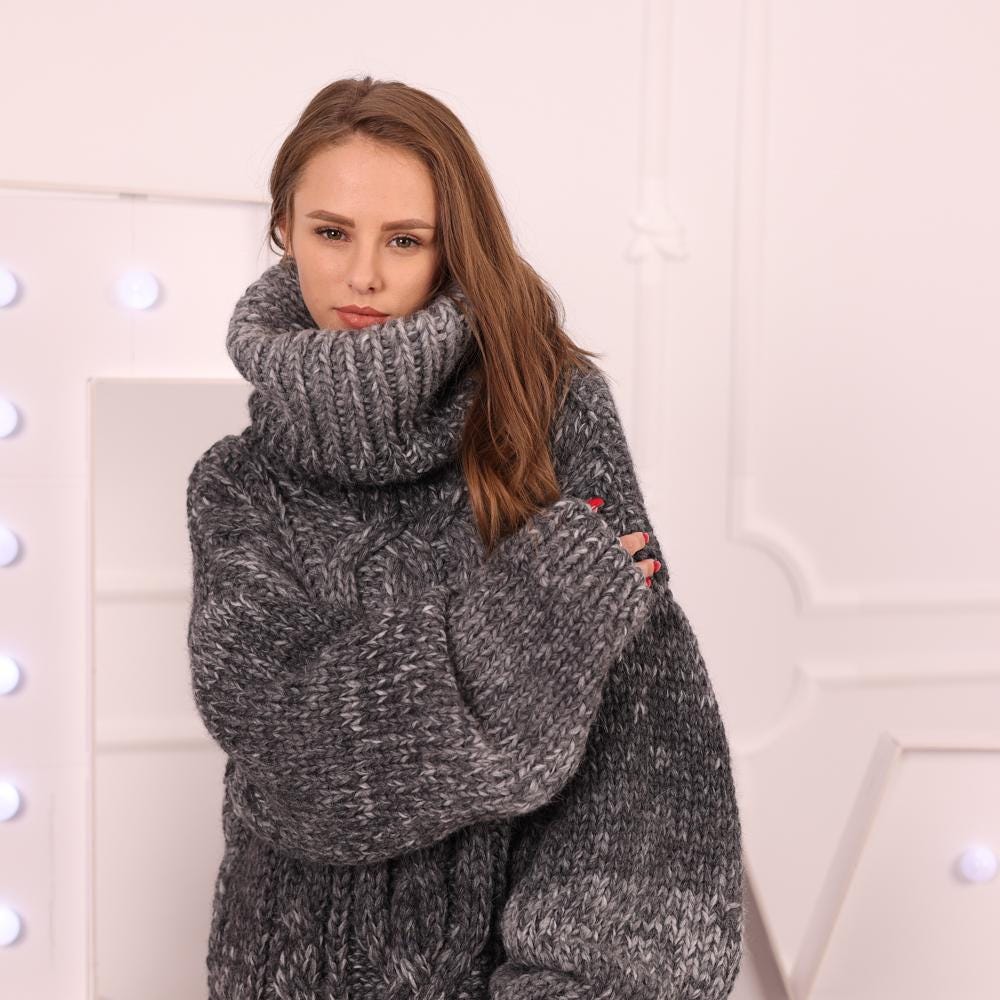 Gray Melange Alpaca Dress, Hand Knitted 7 Strand Dress with 50 cm Turtleneck T2033
