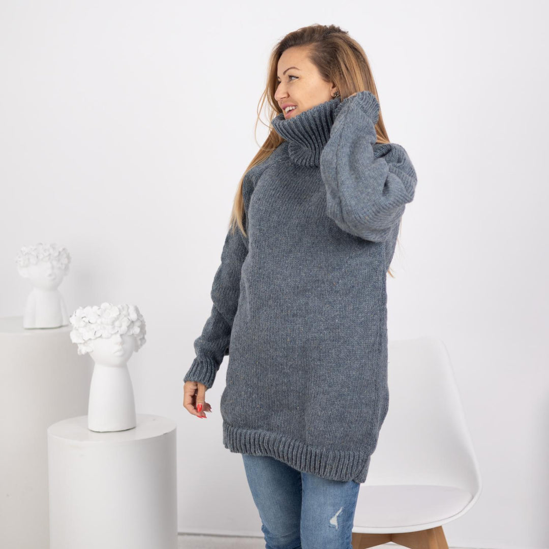 Wool Sweater Denim Blue Turtleneck 50 cm, Hand Knitted Itchy 100% Wool Pullover T1744