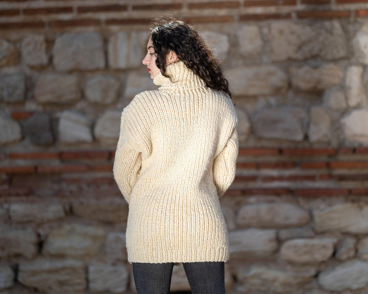 Wool Sweater Cable Knit, Hand Knitted 100% Wool Rustic Itchy Pullover T1416