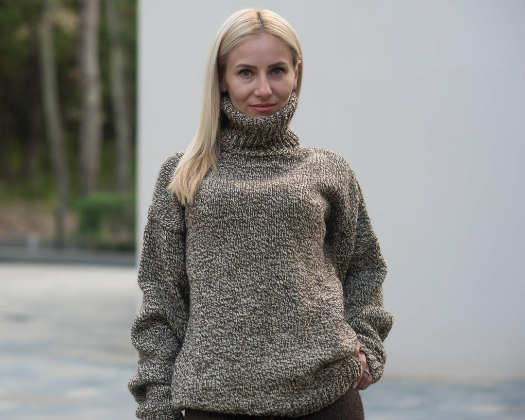 Wool Sweater Brown Melange Itchy Knit, Hand Knitted 100% Raw Wool Unisex Pullover T826W