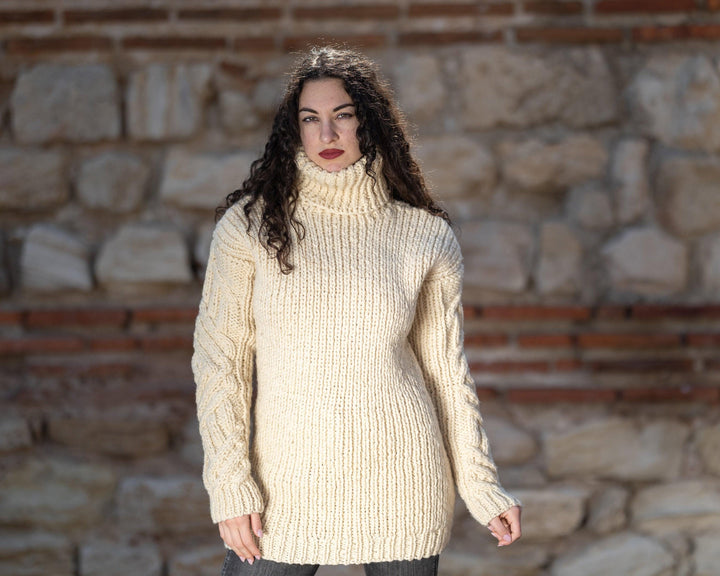 Wool Sweater Cable Knit, Hand Knitted 100% Wool Itchy Rustic Pullover T1417