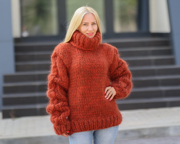16-Strand Mohair–Italian Alpaca Sweater – Hand-Knitted Chunky Cabled Fuzzy Jumper T1492