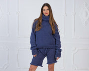 Pull col roulé en mohair bleu denim, doux et duveteux, tricoté à la main, T994