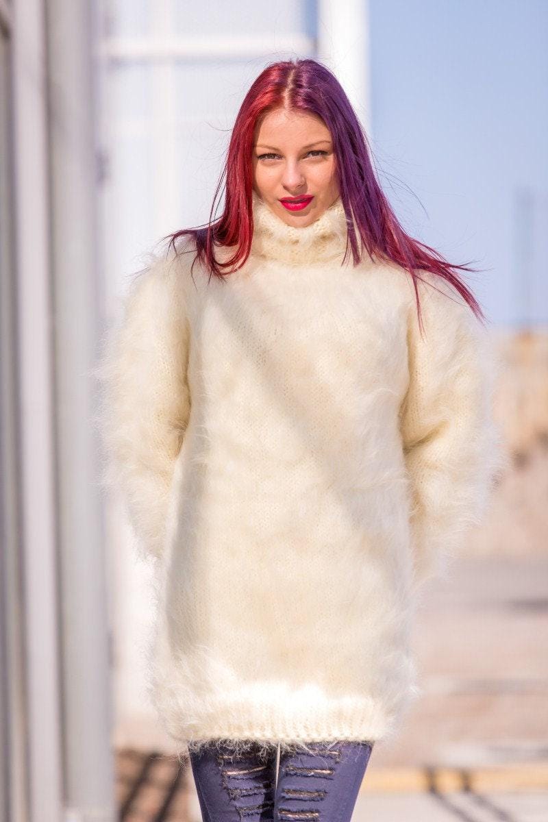 Cream Mohair Turtleneck Sweater, Hand Knitted Chunky Fluffy Oversized Jumper T526