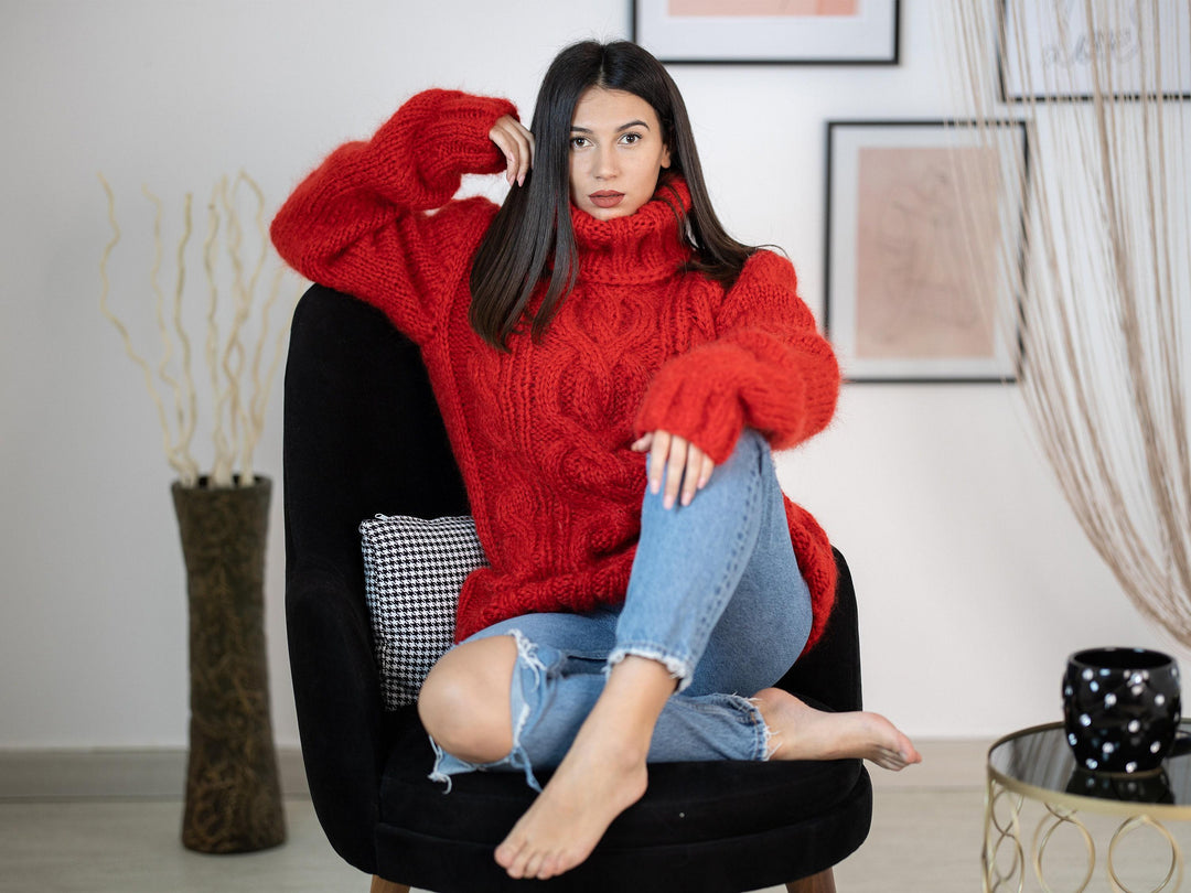 Red Mohair Sweater – Hand-Knitted Cabled Pullover T1157