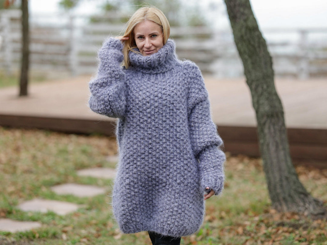 Moss Stitch Chunky Mohair Sweater – 8-Strand Thick Hand-Knitted Hairy Cosy Jumper T1114