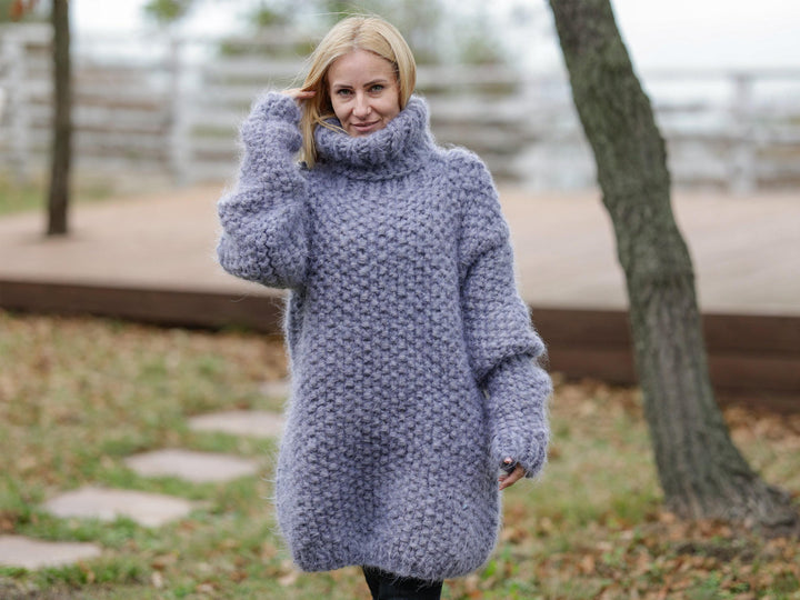 Moss Stitch Chunky Mohair Sweater – 8-Strand Thick Hand-Knitted Hairy Cosy Jumper T1114