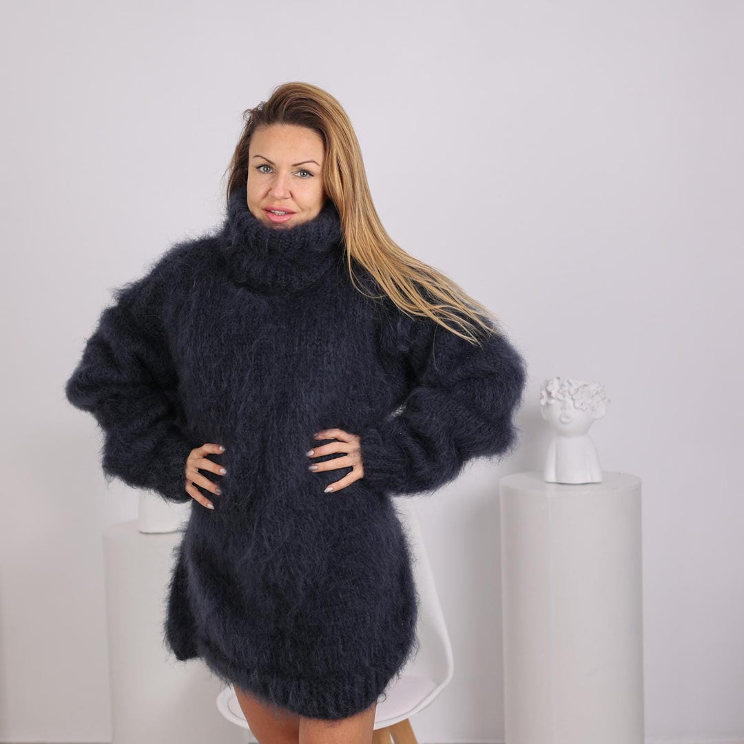 Hand-Knitted Dark Gray Mohair Sweater – Extra Hairy Fluffy Oversized Turtleneck Pullover T1819