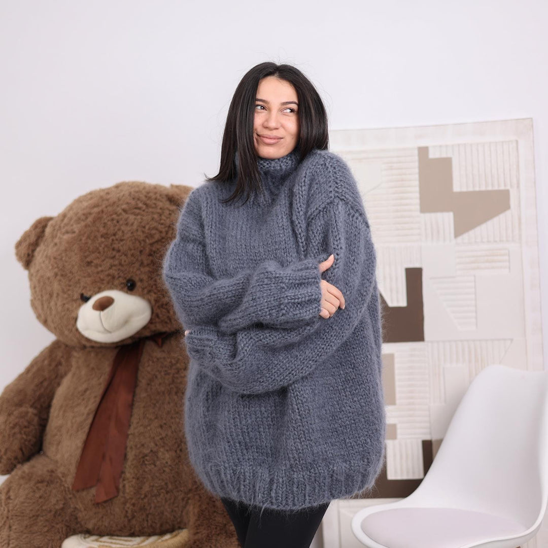 Hand-Knitted Gray Mohair Sweater – Fluffy Chunky Oversized Turtleneck Pullover T1836