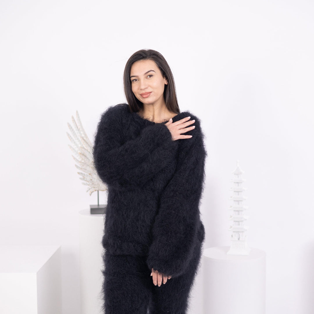 Fluffy Black Mohair Sweater – Hand-Knitted Big-Needle See-Through Knit T1588