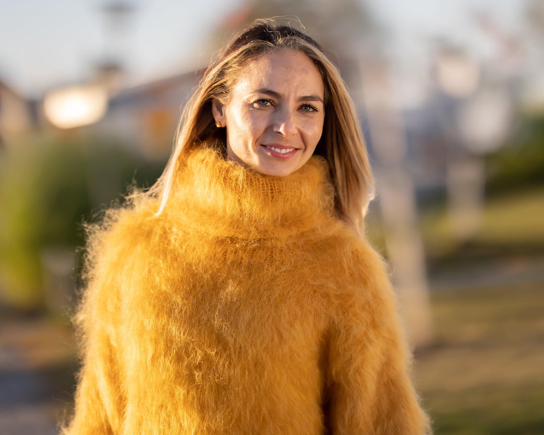 Fluffy Mustard Mohair Sweater – Hand-Knitted Soft Warm Turtleneck Pullover T1295